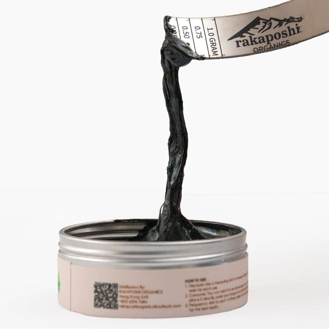 Close-up view of thick, dark Himalayan Shilajit Resin, showcasing its rich texture and purity