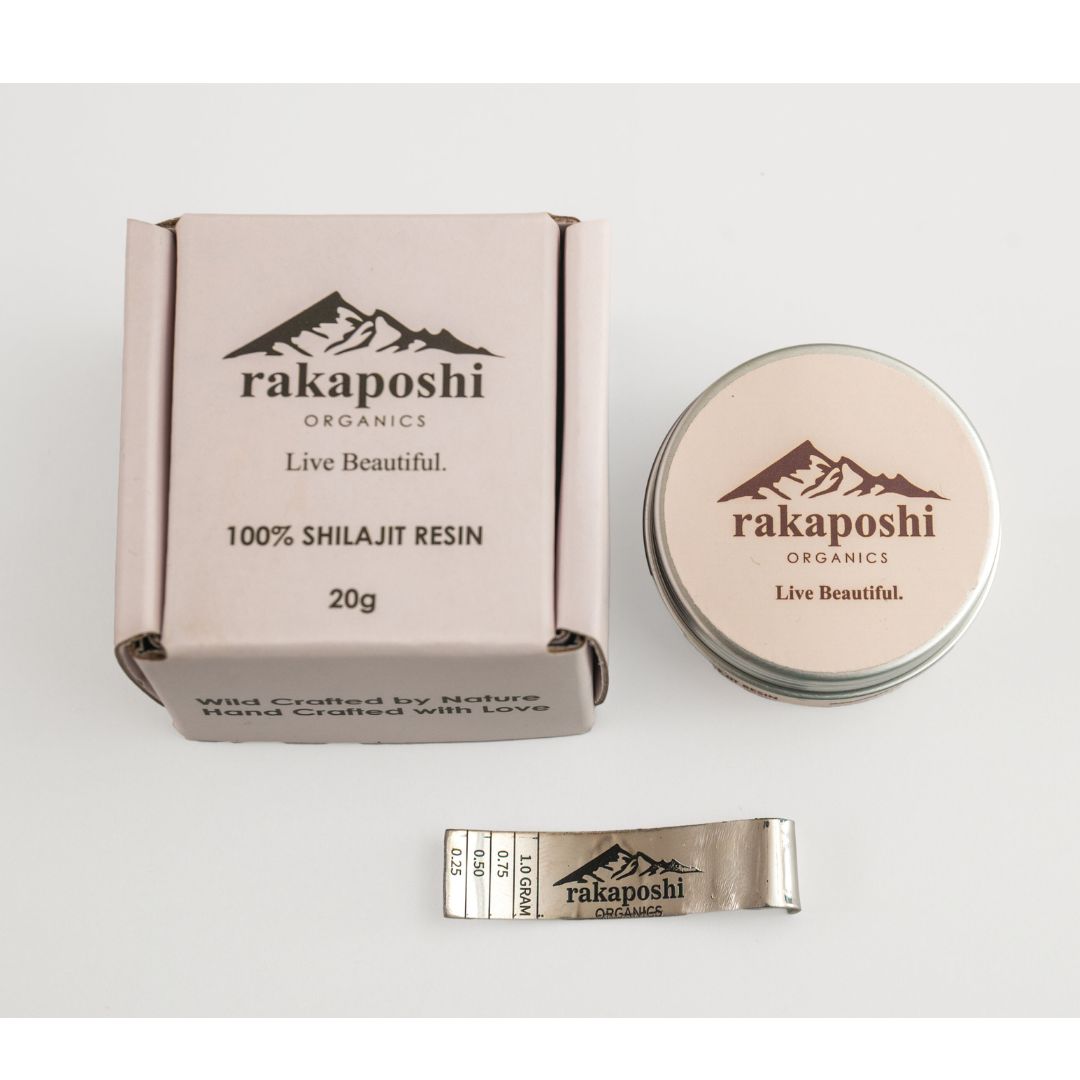 Rakaposhi Organics' premium Himalayan Shilajit Resin packaging, featuring a sleek design and product details.