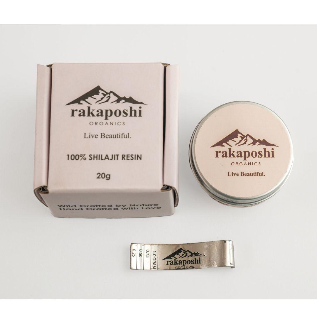 Rakaposhi Organics' premium Himalayan Shilajit Resin packaging, featuring a sleek design and product details.