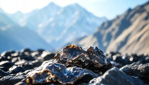 Shilajit resin rocks with Himalayan mountain backdrop representing traditional Ayurvedic substance and natural mountain origins