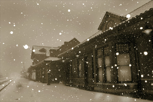 Snowy overcast winter day in village representing seasonal challenges and importance of evidence-based winter wellness strategies