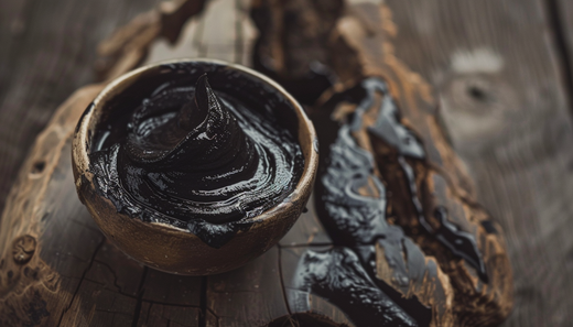 Traditional bowl containing raw shilajit resin representing natural substance with fulvic acid and mineral content