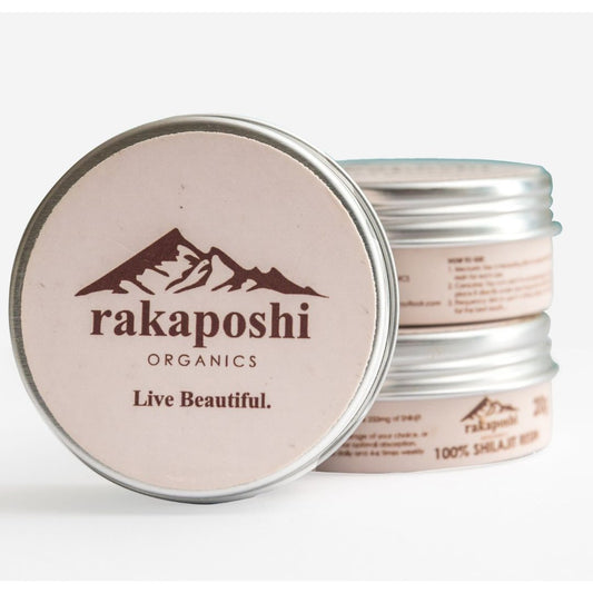 Rakaposhi Organics' premium Himalayan Shilajit Resin packaging, featuring a sleek design and product details